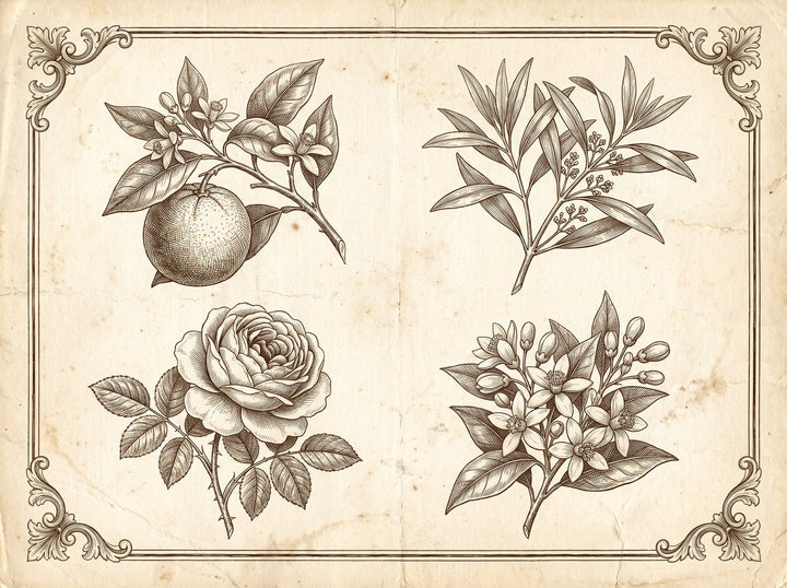 Botanische Tafel: Orange, Sandelholz, Rose, Orangenblüte