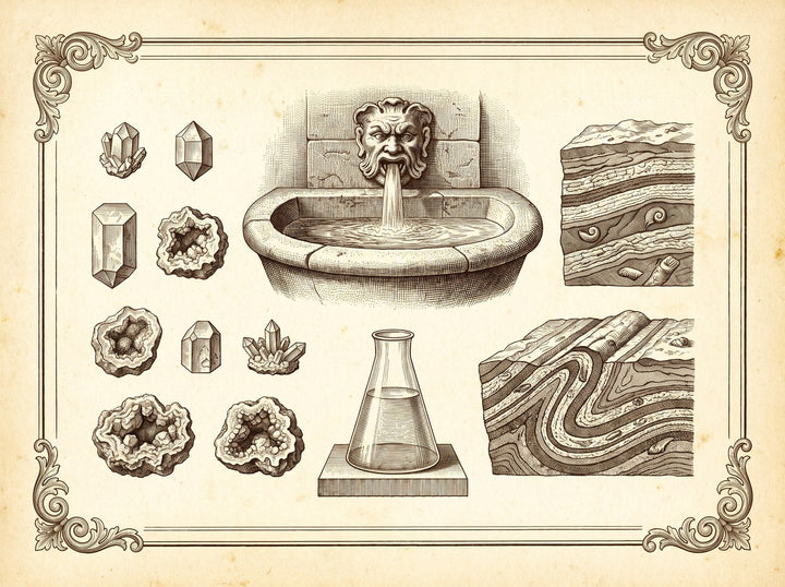 Tafel mit Wasser, Brunnen und Mineralproben
