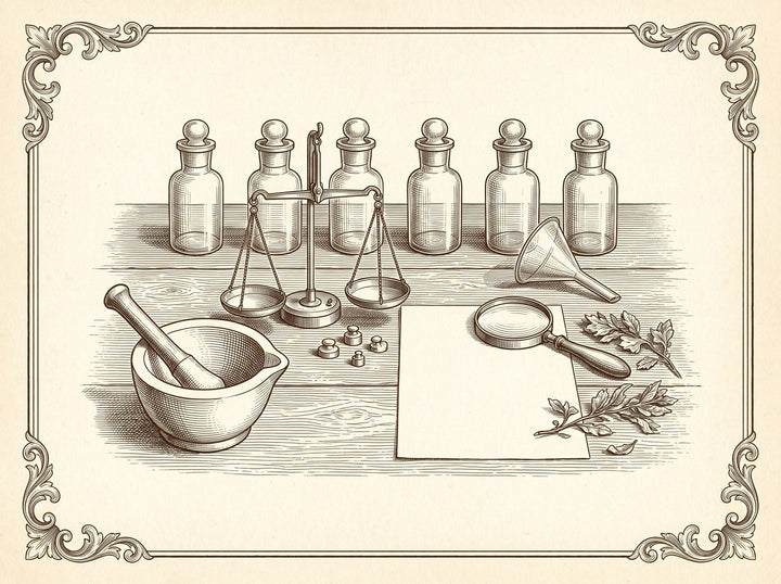 Apothekertisch: Fläschchen, Waage und Mörser