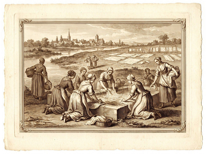 Wäscherinnen an einem Waschplatz am Fluss, die Wäsche bleicht auf der Wiese