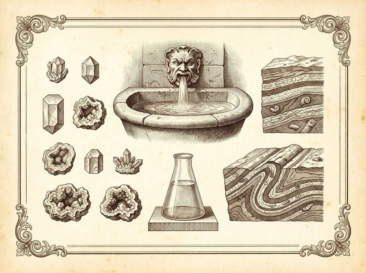 Tafel mit Wasser, Brunnen und Mineralproben
