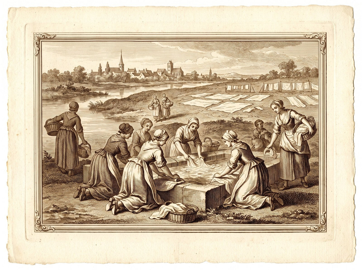Wäscherinnen an einem Waschplatz am Fluss, die Wäsche bleicht auf der Wiese