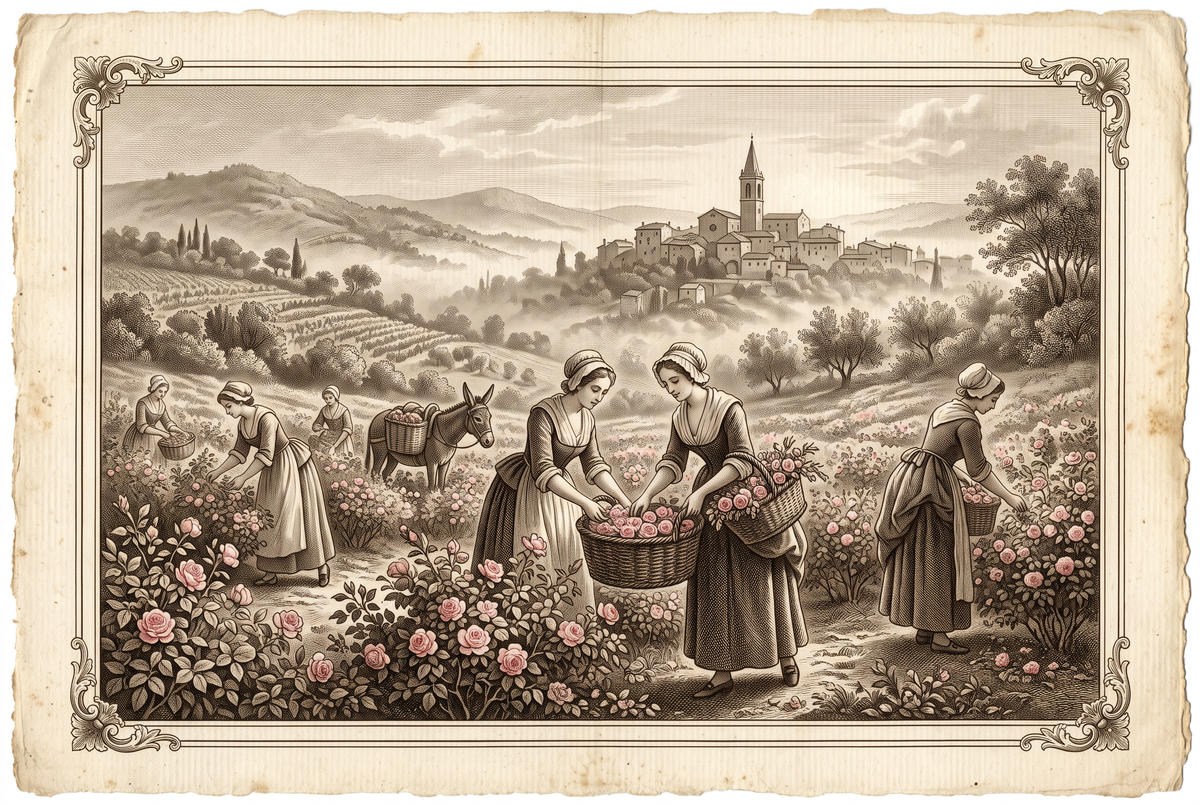 Rosenernte im Morgengrauen bei Grasse – Stich