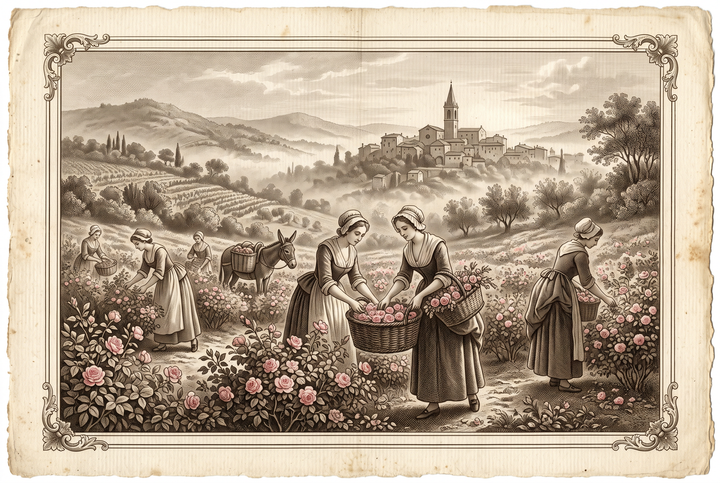 Rosenernte im Morgengrauen bei Grasse – Stich