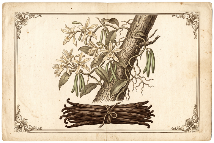 Vanilleorchidee und gereifte Schoten – Stich