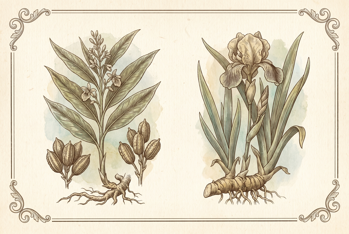 Kardamomkapseln und Irisrhizom – botanische Tafel