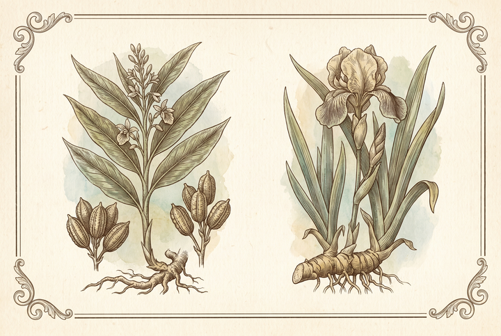 Kardamomkapseln und Irisrhizom – botanische Tafel
