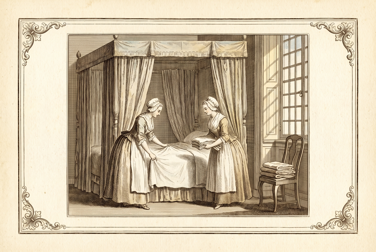 Zimmermädchen beziehen ein Himmelbett – Stich
