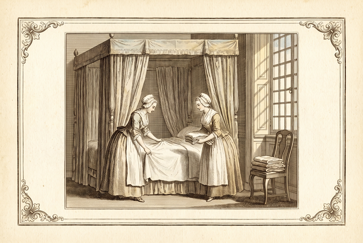 Zimmermädchen beziehen ein Himmelbett – Stich