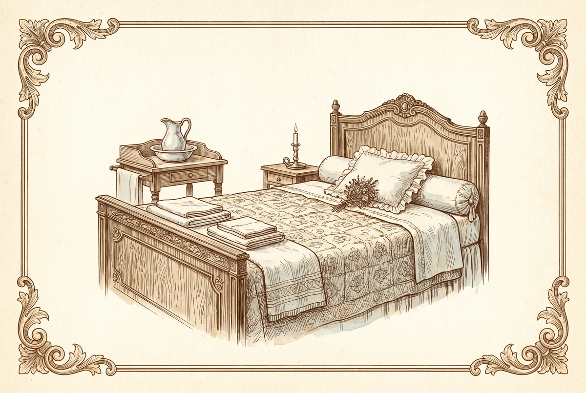 Ein vorbereitetes Gästezimmer – Waschtisch, Handtücher, Blumenstrauß – Stich
